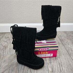 Link Candice 16KA Black Faux Suede Fringe Mid Calf Boots Size 5T